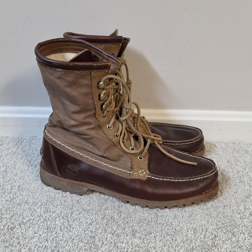 Timberland Men's 11.5 M Leather Canvas Moc Toe Lace Up Boots Brown Tan Lug Sole
